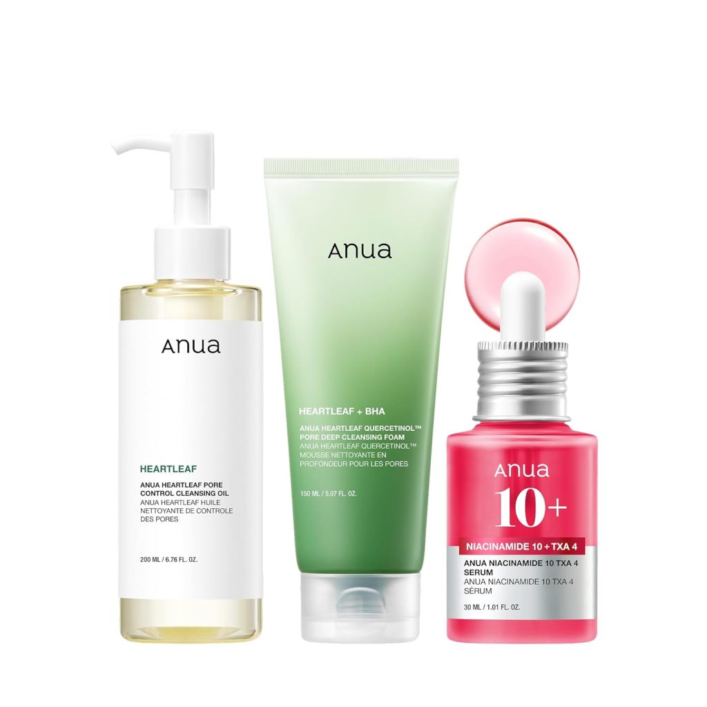 Anua 3-Step Glass Skin Beginner Set – Double Cleansing with Facial Serum, Oil Cleanser & Face Wash with Heartleaf, Daily Routine with Niacinamide