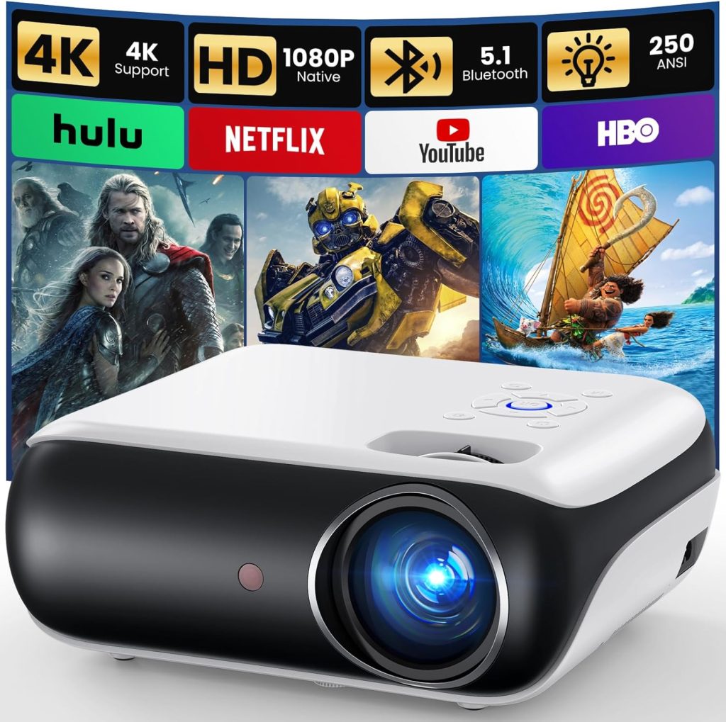 HAPPRUN Native 1080P Bluetooth Projector – Full HD Portable Outdoor Movie Projector with Built-in Speaker, Compatible with Smartphone, HDMI, USB, AV, Fire Stick, PS5 for Home, Bedroom, Outdoor Use
