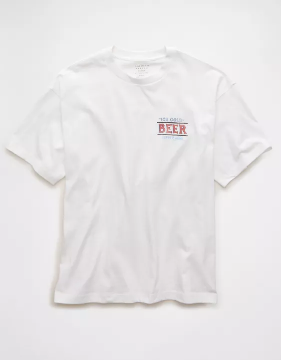Man wearing AE Boxy Beer Graphic T-Shirt with relaxed oversized streetwear outfit styling