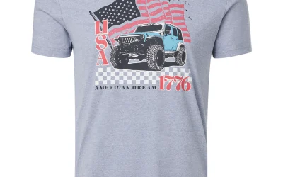 Woman wearing Academy Sports + Outdoors Americana USA American Dream Jeep graphic T-shirt in dark blue with casual patriotic summer outfit