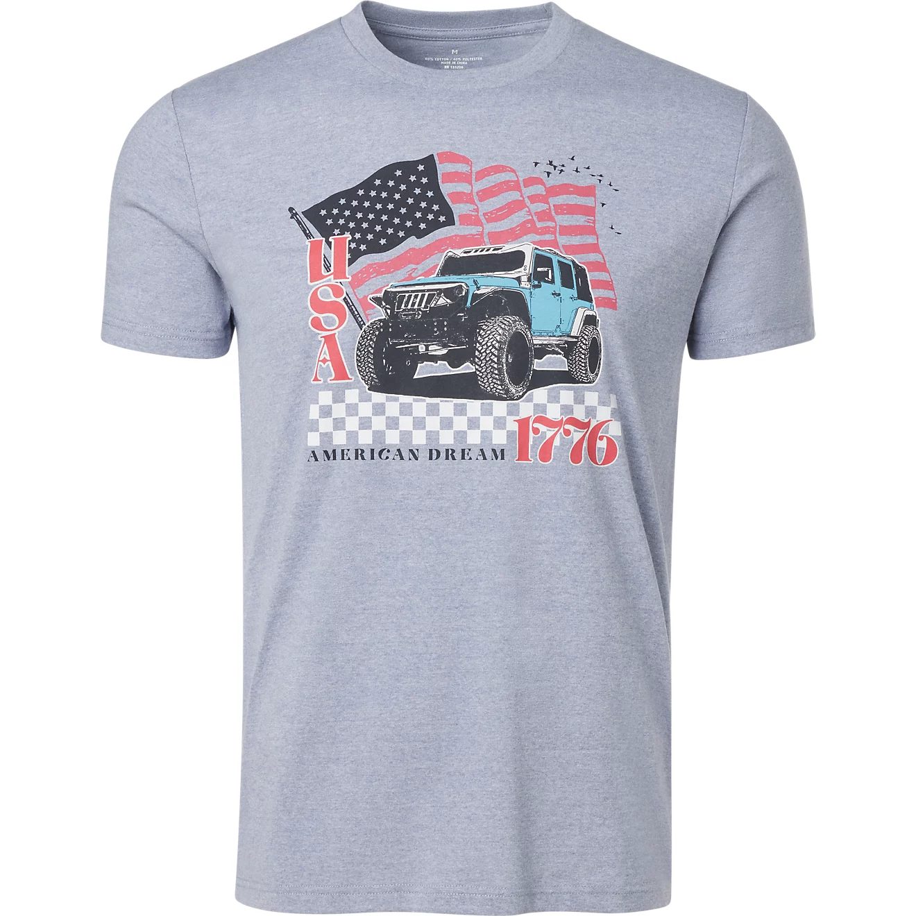 Woman wearing Academy Sports + Outdoors Americana USA American Dream Jeep graphic T-shirt in dark blue with casual patriotic summer outfit