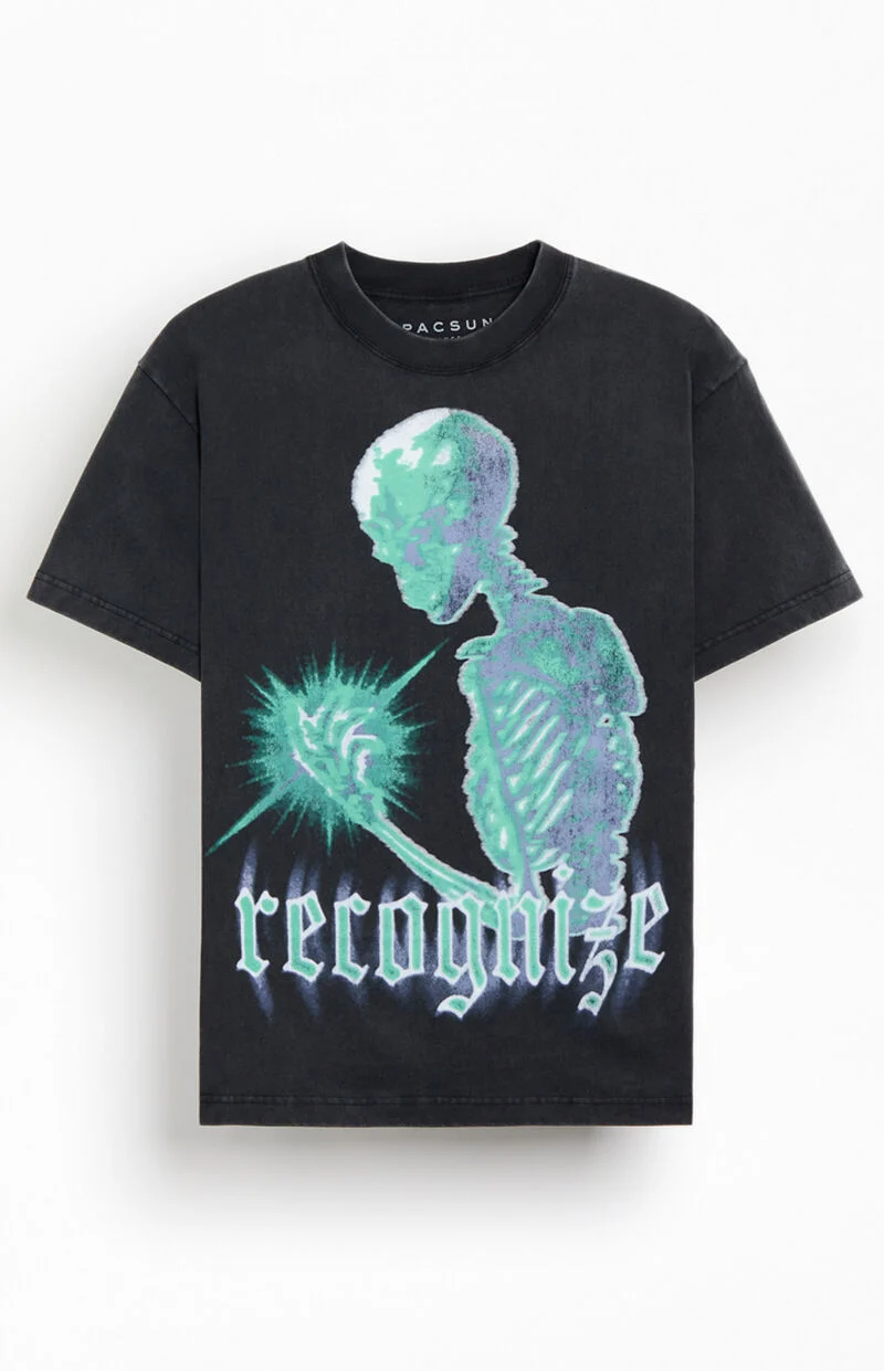 Man wearing PacSun Recognize oversized T-shirt with relaxed streetwear outfit and casual modern fashion styling